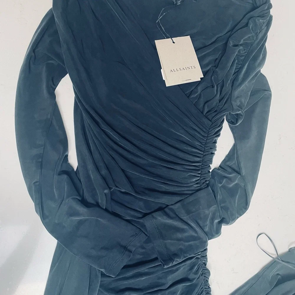 🆕 All Saints Hanako Long Sleeve Ruched Dark Gray Asymmetrical Dress 8UK (4US) - Picture 9 of 16